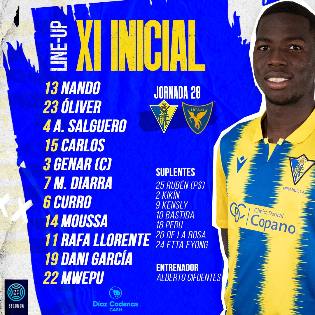 💛🔵 #MirandillaUCAMMurcia 

¡Alineación confirmada!

📺 EN DIRECTO Plaiz.cadizcf.com