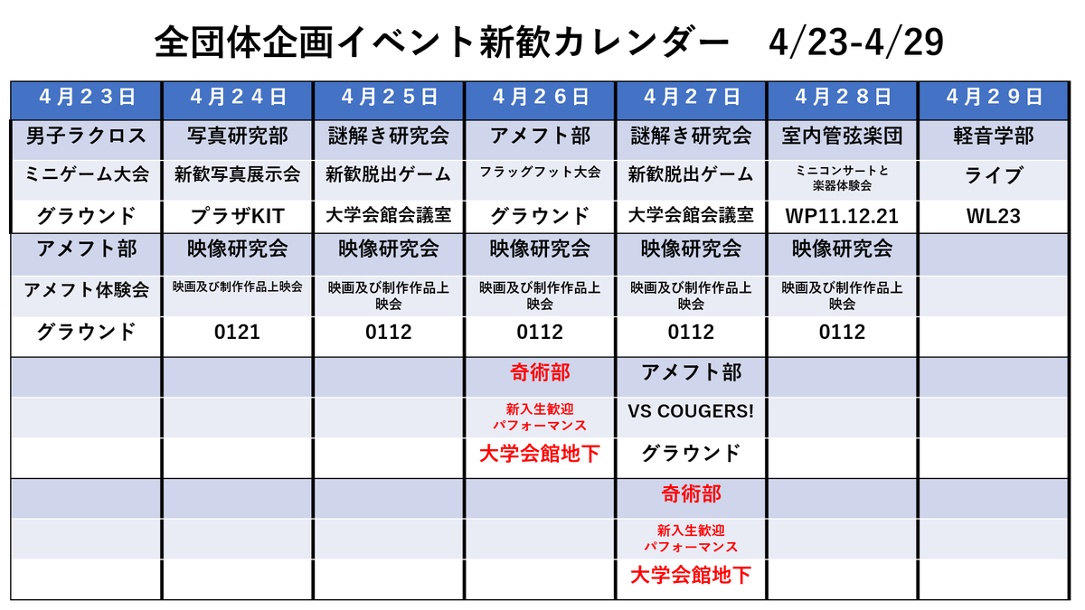 Shinkan_KIT2023's tweet photo. 各団体が開催する新歓イベントまとめカレンダー4/2時点の最新版です🎉

これを見れば…
どの日に
どの団体が
どこで
新歓イベントをしているのか一目でわかって役立つこと間違いなし✅

気になる団体をチェックして色々なイベントに参加してみてね！

#春から工繊 https://t.co/6HC2181Z22