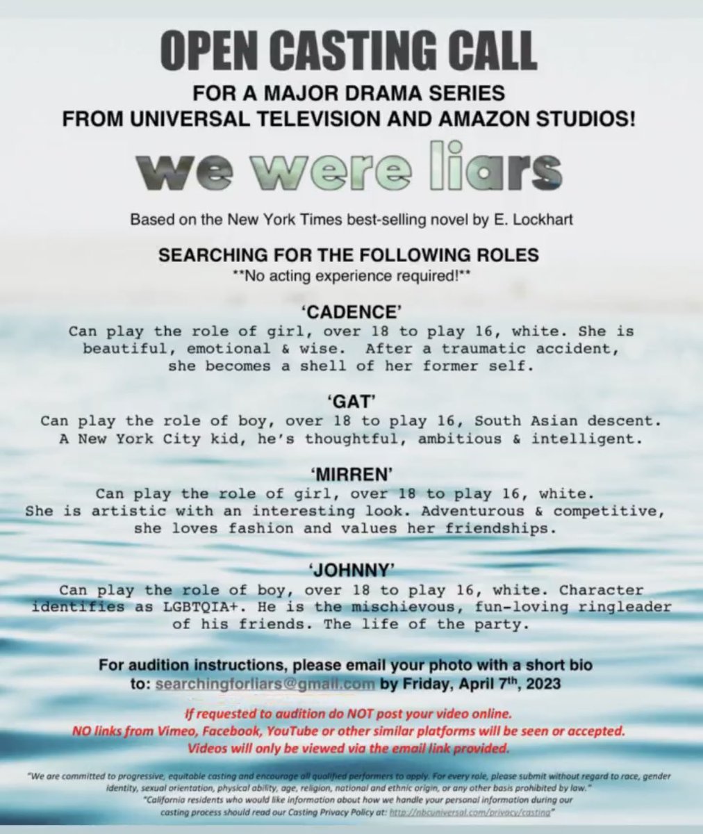 elockhart's tweet photo. Open casting call for teenage characters in the We Were Liars TV show.  18 and over to play sixteen.  Details below!   #opencall #auditions https://t.co/1NLdnpl8CP