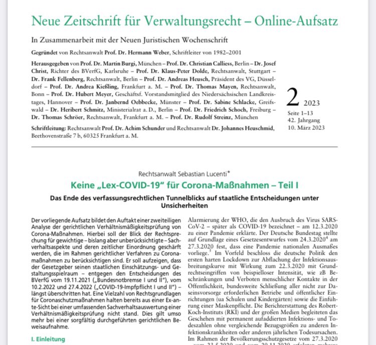 HGMaassen's tweet photo. Guter Aufsatz (in zwei Teilen) in der NVwZ-Online zum Versagen von Exekutive, Legislative und Justiz bei der Corona-Bekämpfung: 

"Gesetzgeber und Exekutive haben bei der Beurteilung der Gefährdungslage durch COVID-19 und der Auswahl der Mittel durch Außerachtlassung rationaler differenzierte Grundüberlegungen eine Vielzahl vermeidbarer systemischer Fehler begangen. ... Stattdessen wurden mehrfach leichtfertig Lockdowns ohne Rücksicht auf die vorhersehbaren gravierenden multiplen Schäden für das Leben und die Gesundheit von Mio. Menschen in Deutschland verhängt, die von diesen Maßnahmen als Nichtstörer mit großer Wucht getroffen wurden. Das Resultat eines solchen staatlichen – vermeintlich alternativlosen – Handelns und der meist ausbleibenden gerichtlichen Intervention ist der Verlust von Menschenleben, Eintritt von Gesundheitsschäden, immenser wirtschaftlicher Schäden und eine nachhaltige Beschädigung des Rechtsstaats."
"Weder die vom Gesetzgeber Anfang des Jahres 2022 beabsichtigte und im ersten Anlauf gescheiterte allgemeine Impflicht noch die noch seit dem 16.3.2022 eingeführte und bis zum 31.12.2022 befristete gesetzliche indirekte einrich- tungs- und unternehmensbezogenen COVID-19-Schutzimpfungspflicht nach § 20 a IfSG halten bei einer umfassenden
Sachverhaltsauswertung einer Verhältnismäßigkeitskontrolle stand."

https://t.co/4Dr9TA1tll

https://t.co/d5DXtdQrXc