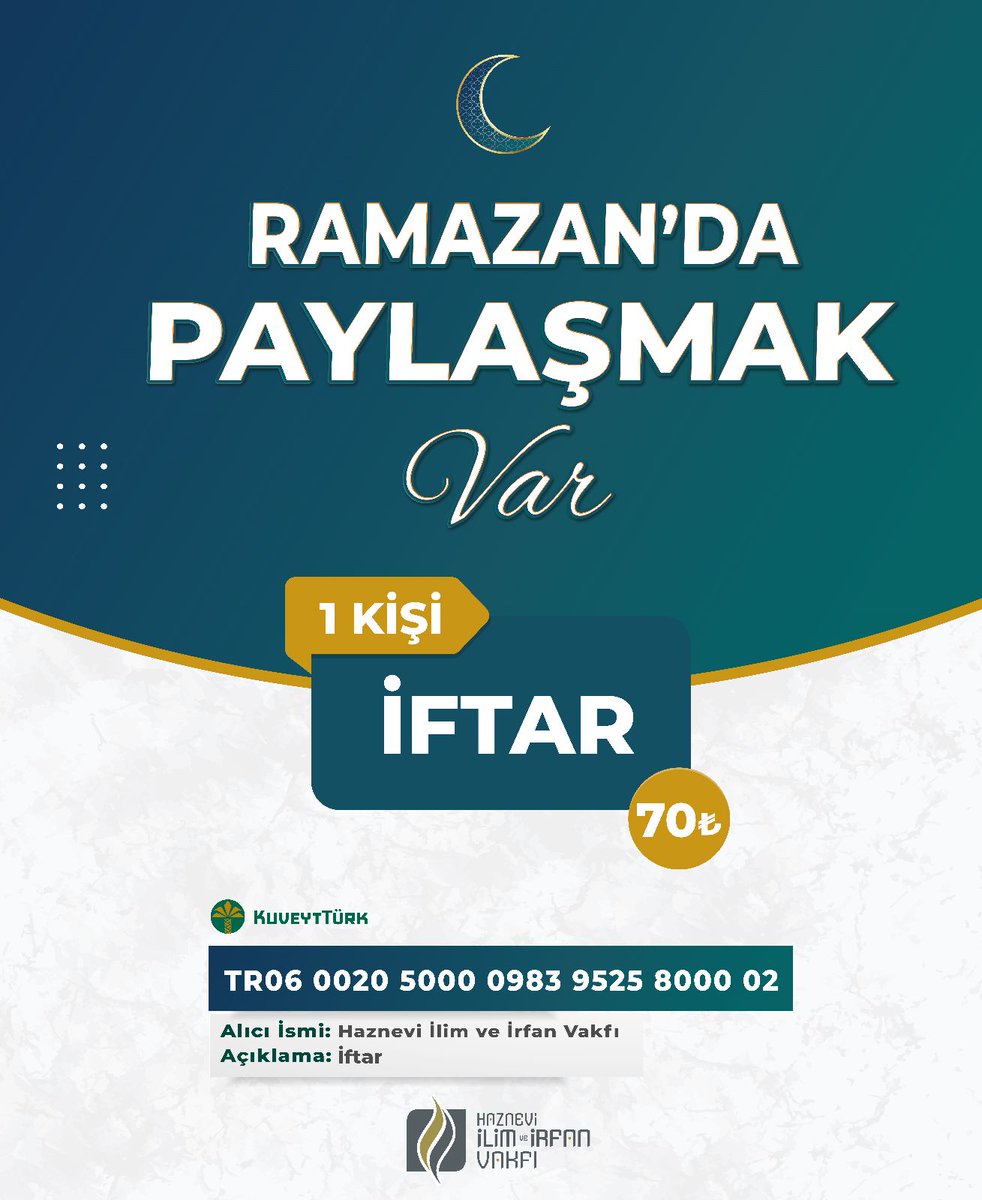 haznevivakfi's tweet photo. RAMAZAN’DA PAYLAŞMAK VAR!

Paylaştıkça bereketlenecek “kardeşlik, gönül ve huzur rızkımız”. Paylaştıkça azalacak hüznümüz, acılarımız ve endişelerimiz. Paylaştıkça Ramazan’ı yaşayacak, rahmeti soluyacak, beraberce sevineceğiz.

Yaralarımızı Ramazan sarıyor!

#ramazan #paylaşmak https://t.co/11ka9x1MYv