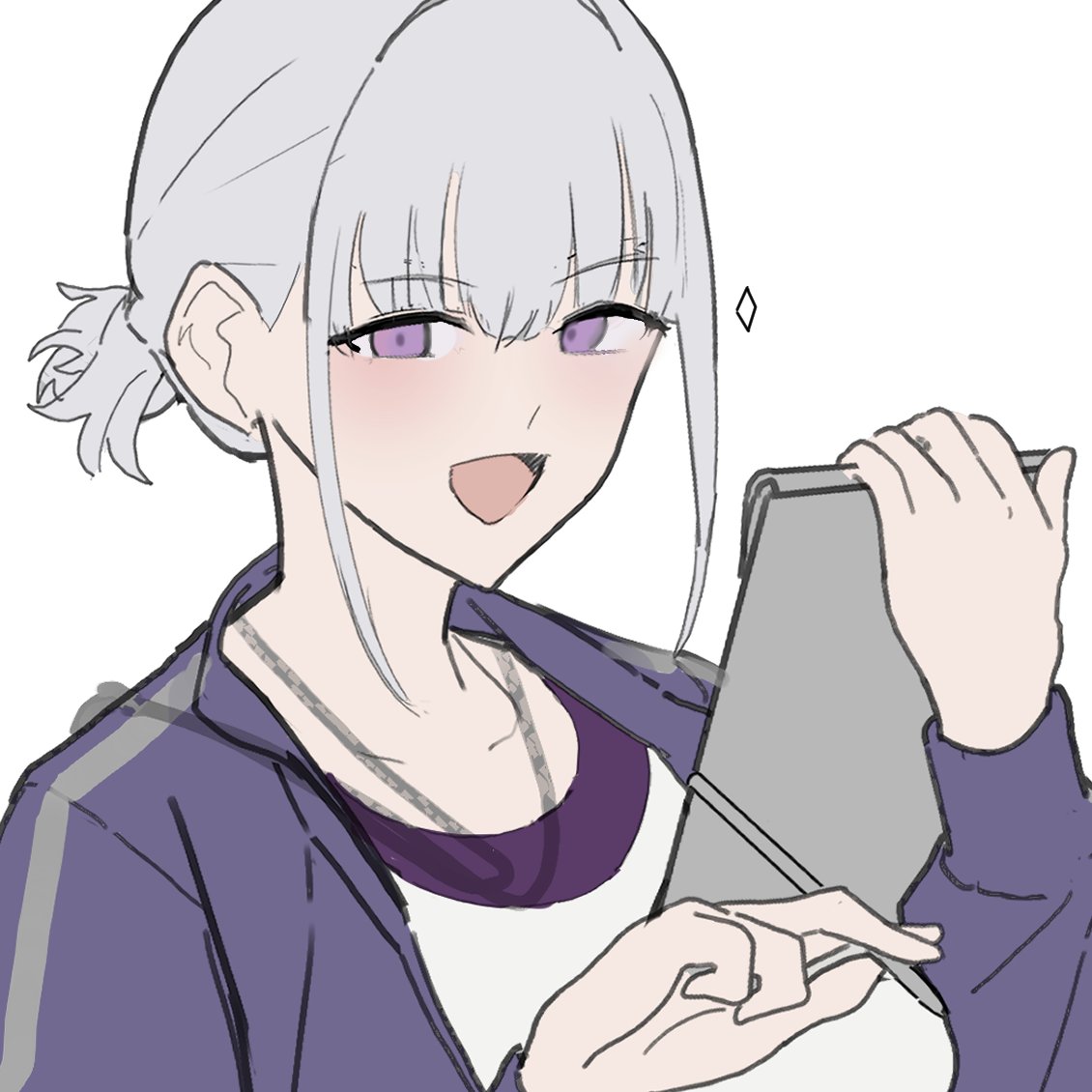 1girl solo purple eyes white background grey hair jacket holding  illustration images