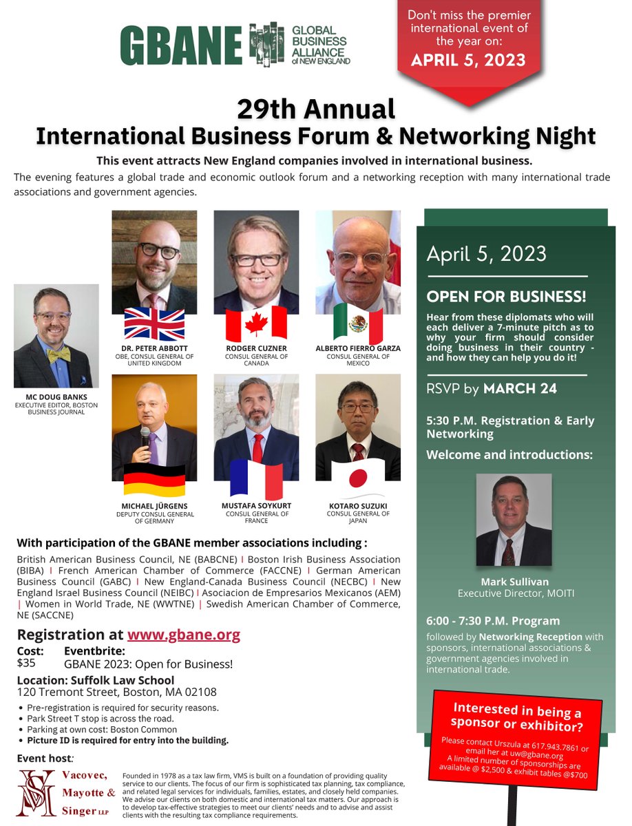 Don't forget to sign up for our 29th International Business Forum &amp; Networking Evening on April 5, from 5:30pm-8:00pm, at Suffolk Law School, 120 Tremont Street, Boston.

Please RSVPs at:

 eventbrite.com/e/gbane-2023-o…