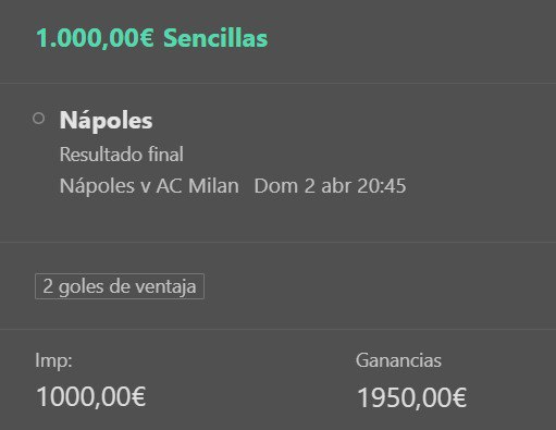AnonymousBets_'s tweet photo. Pronostico 2/04/2023📷

📷 Serie A - Napoles vs AC Milan
📷20:45 CET
📷 Napoles ganador
📷STAKE 1
📷BET365

En TELEGRAM el pronostico entero 📷 https://t.co/7mPHdne7WT

#apuestasdeportivas #abets #LaLigaSantander #ligue1 #PSGLyon #napolesmailan #ligasmartbank https://t.co/oMVUflOTGf
