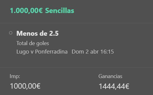 AnonymousBets_'s tweet photo. Pronostico 2/04/2023📷14:24
📷 2ª DIV - Lugo vs Ponferradina
📷16:15 CET
📷 Menos de 2.5 goles
📷STAKE 1
📷BET365

En TELEGRAM el pronostico entero 📷 https://t.co/7mPHdne7WT

#apuestasdeportivas #abets #LaLigaSantander #ligue1 #PSGLyon #napolesmailan #ligasmartbank https://t.co/IkdSrfmq4q