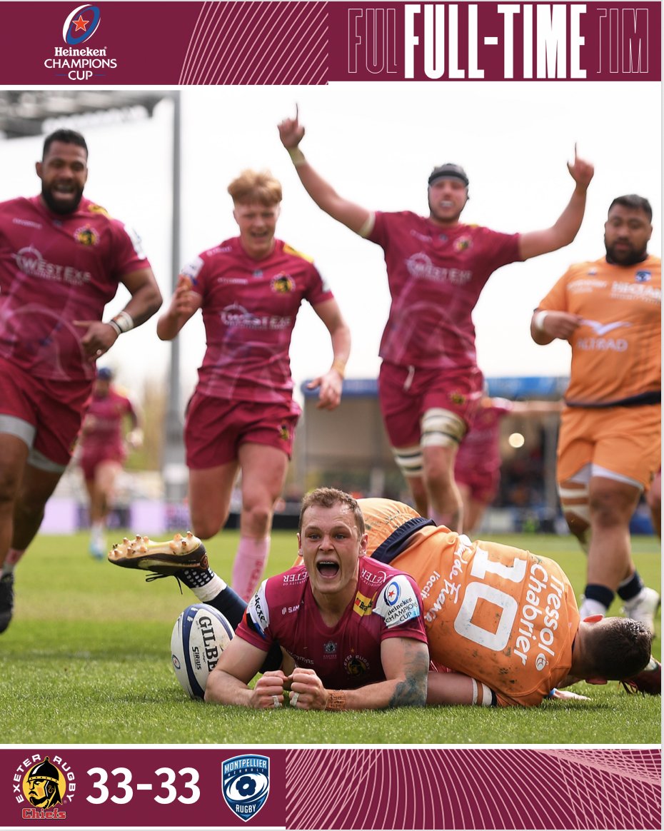 FULL TIME: @exeterchiefs 33 <a href="/MHR_officiel/">Montpellier Rugby</a> 33

We're through