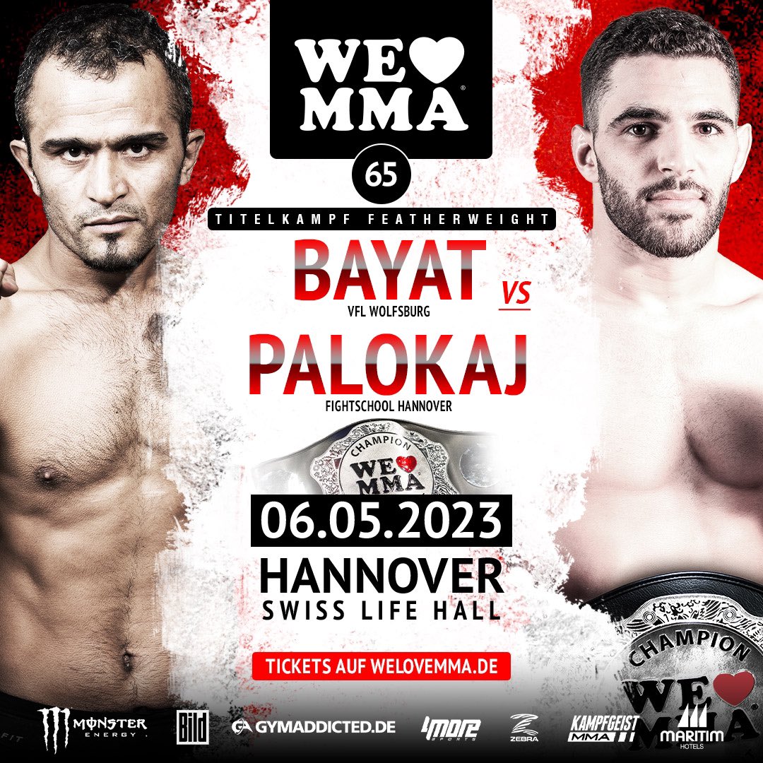 wlmma's tweet image. TITELFIGHT im Federgewicht 🏆 
Bayat vs Palokaj 
06.05. #swisslifehall in #hannover

#mma #champ #welovemma #bildsport
