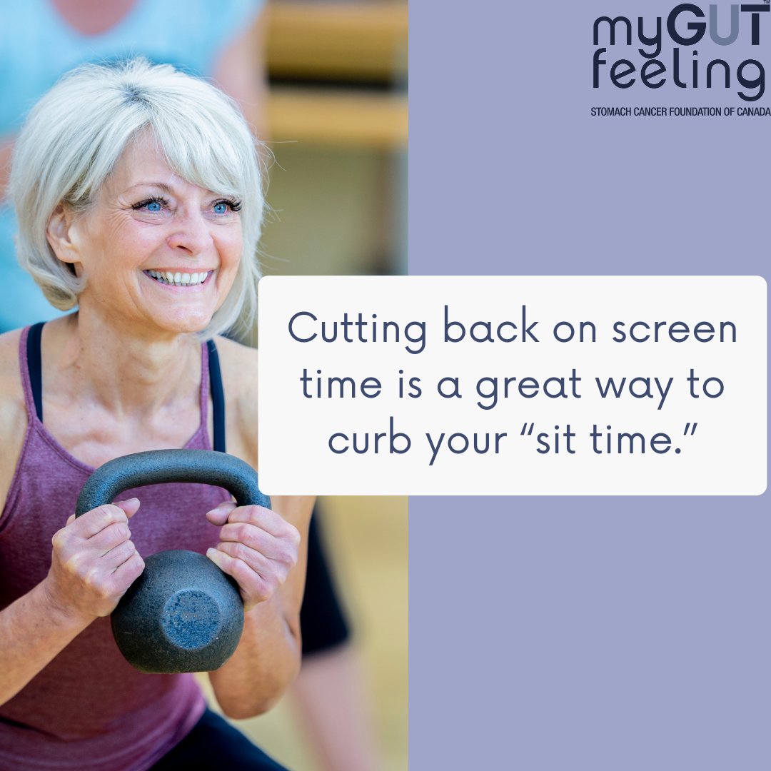 mygutfeelingca's tweet photo. Turn off the TV, computer, and smart phone. 

Cutting back on screen time is a great way to curb your “sit time.” Move around instead, by visiting the gym or even cleaning the house. 

#gastriccancer #stomachcancerconference #ilivewithoutastomach https://t.co/t3rGyAxmWW