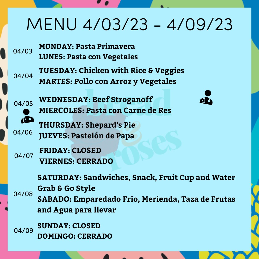 Check out what's on the menu this week. Don't forget: on Wednesday at 5:30 PM, the Greater Lawrence Family Health Center Mobile Unit will be here!

Hecha un vistazo a lo que hay en el menú de esta semana. ¡El miércoles a las 5:30PM, la Unidad Móvil GLFHC estará aquí!