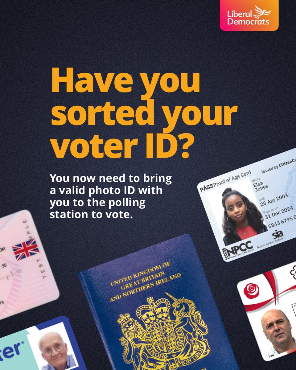 LibDems's tweet photo. The Conservative Government has taken away people’s unobstructed right to vote. It's nothing short of attempted voter suppression. 

Read up on the new voter ID rules: https://t.co/YyZwAthqmI

Avoid the hassle and secure your vote by voting by post ⬇️
https://t.co/kgoT2DbMZs https://t.co/nTzBlUEzjF