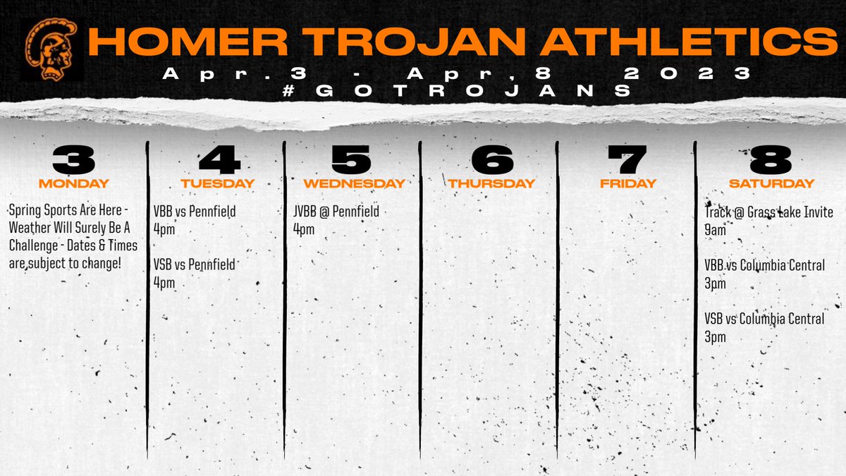 Spring Sports are here and typically come with many changes due to the weather!!  Updates will be made via our social media pages as quickly as possible.  Updated Spring Sports Schedules can be found on the Homer Schools Webpage - GoTrojans!!