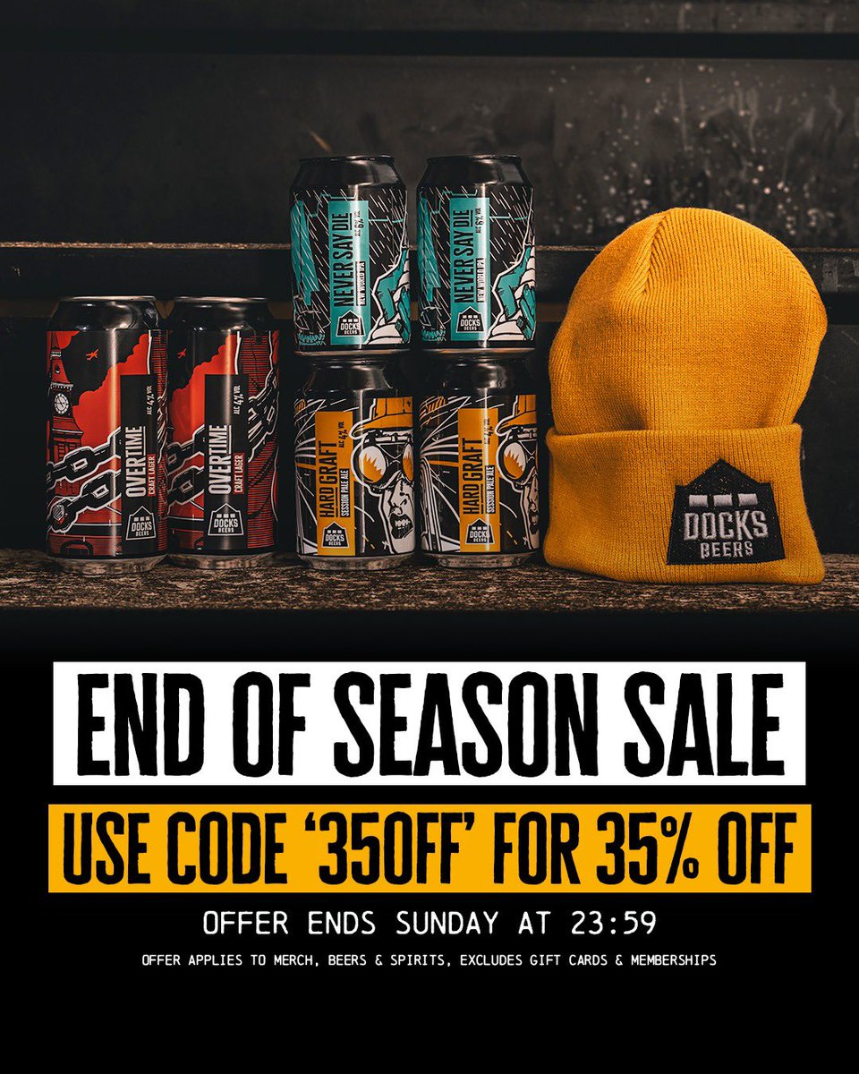 Docks Beers (@docksbeers) on Twitter photo Donโt miss out on our mighty 35 % off online and in store sale. It finishes at 11.59pm tonight. 
docksbeers.com/docks-shop/
Use code 35OFF at checkout. Donโt miss out on our mighty 35 % off online and in store sale. It finishes at 11.59pm tonight. 
docksbeers.com/docks-shop/
Use code 35OFF at checkout.