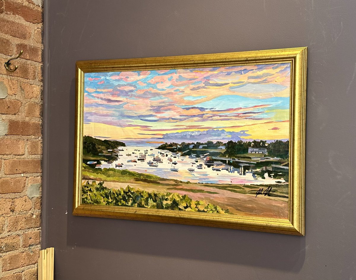 JoshMoulton's tweet image. new framed painting- “Sunset on Mackerel Cove” 20” x 32” acrylic on canvas. It’s available. #newengland #maine #harpswell #baileyisland #lobstermen #art #artgallery #painting