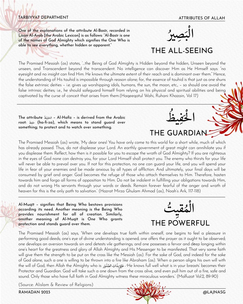 LajnaSG's tweet image. 11/30 - Ramadan Series on Attributes of Allah

The All-Seeing
The Guardian
The Powerful

#Ramadan #AttributesofAllah #Allah
