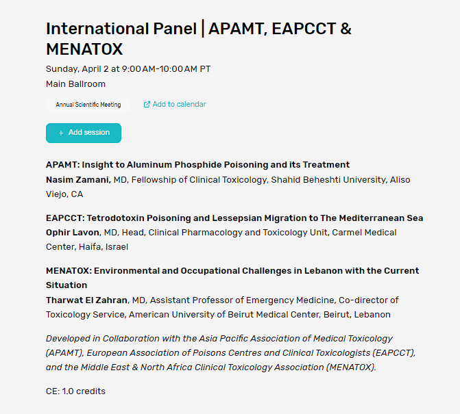 Join us at 9 am PT in the Main Ballroom for the #ACMT2023 International Panel with representatives from <a href="/apamt/">Abhishek Tripathi</a> <a href="/MENATOX/">MENATOX</a> <a href="/eapcct/">EAPCCT</a>! 
<a href="/TharwatElZ/">Dr. Tharwat El Zahran</a>