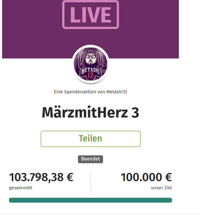 DER MÄRZMITHERZ 3 IST VORBEI &amp; DAS IST UNSER ERGEBNIS. 

DANKE AN JEDEN CO-STREAMER, AN JEDEN ZUSCHAUER, AN JEDEN SPENDER &amp; AN ALLE DIE AN UNS GEGLAUBT HABEN. 

INSGESAMT KAMEN 201.000€ ZUSAMMEN IN 30 TAGEN FÜR KREBSKRANKE KINDER. ♥️🙏