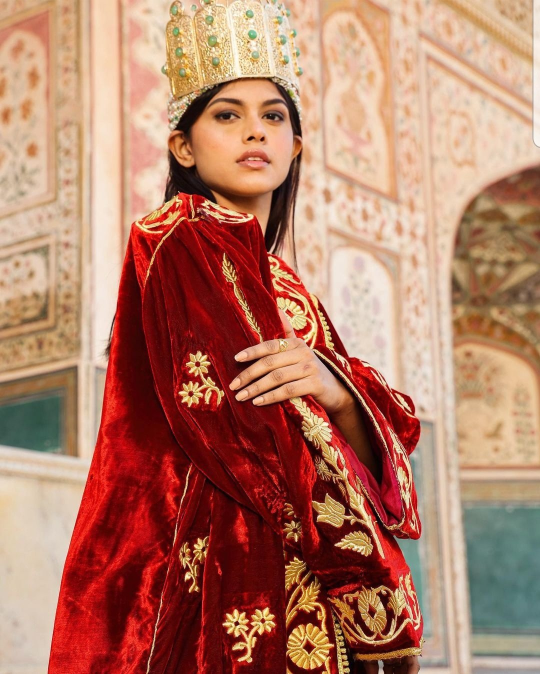 Kaftanstories on X Adline Castelino Miss India runner up Miss Universe 2020 in a velvet and goldthread Tarz Ntaa embroidered Moroccan Caftan by Meriem Belkhayat. This piece is