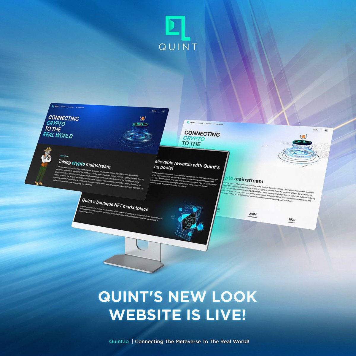 In preparation for big moves, we’ve refreshed our online brand. Check it out: quint.io

-Lightning fast
-Mobile optimized
- Scaled for traffic for upcoming announcements
-Upgraded swap for easy buy and trade
-Light and dark mode - so choose your preference