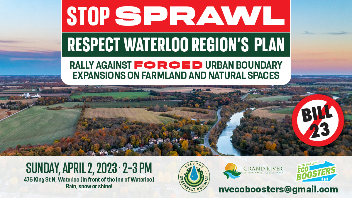 Come join us, MPs, MPPs & Councillors in the sunshine & mild weather at 2pm to support our sustainable Regional Official Plan.

We must ensure the province doesn't force thousands of acres of urban sprawl onto our farmland, greenspace & source water protection areas.

#StopBill23