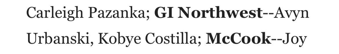 Congratulations to <a href="/AvynUrbanski/">Avyn urbanski</a> and <a href="/KobyeC/">Kobye Costilla</a> on being named Lincoln Journal Star Class B All State Honorable Mention! We’ll deserved and in great company!!