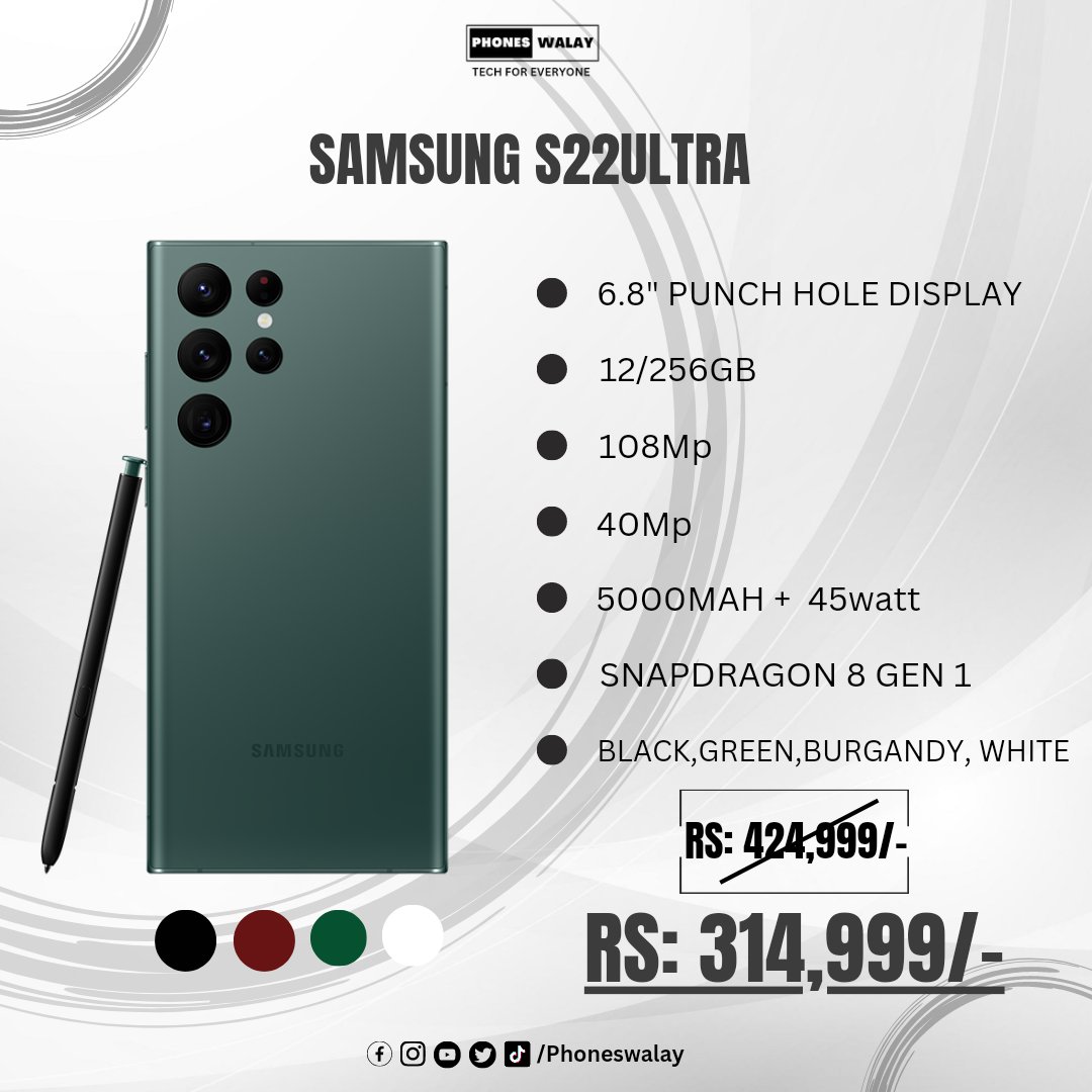 PhoneWalay's tweet photo. Samsung s22ultra in best price 
PTA approved 
One year warrnty 
Avail in all colors 

#s22ultra #samsung #phoneswalay https://t.co/a0vQxIjo5v