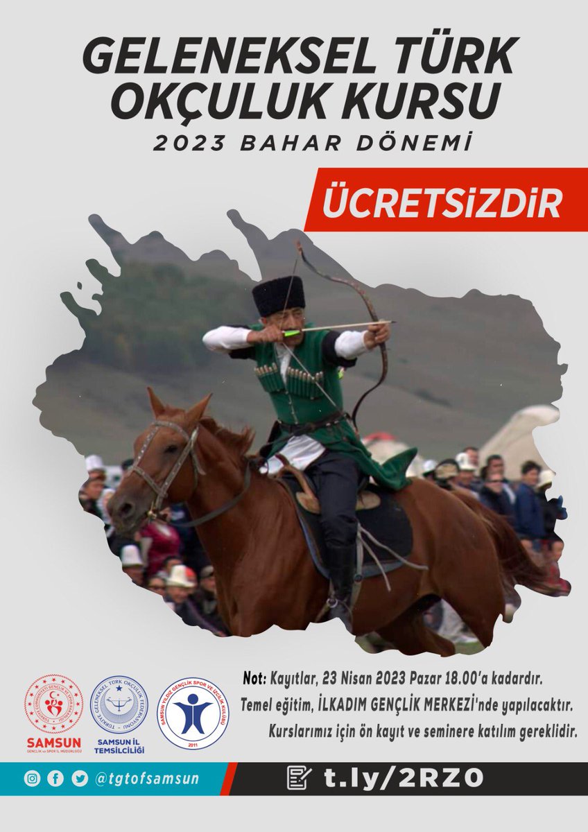Geleneksel Türk Okçuluk Kursu 2023 Bahar Dönemi Kayıtları Başladı. 
Kayıt olmak için; t.ly/2RZ0
#Samsun #GelenekselOkçuluk