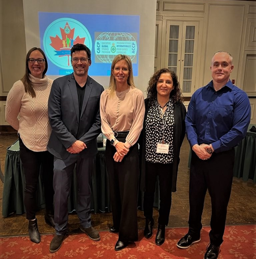 CACPGlobal's tweet photo. Meet Team Supertech #GS2023: Supt. Melanie Bilodeau, Financial Planner Makda Gheysar, Dir. Molly Kimpel, Mgr. Jeff Morris &amp; Insp. Greg Robertson. They embark upon their journey to the Netherlands, Ireland &amp; UK in the coming weeks focused on youth engagement in policing reforms. https://t.co/x0J8OFY4vT