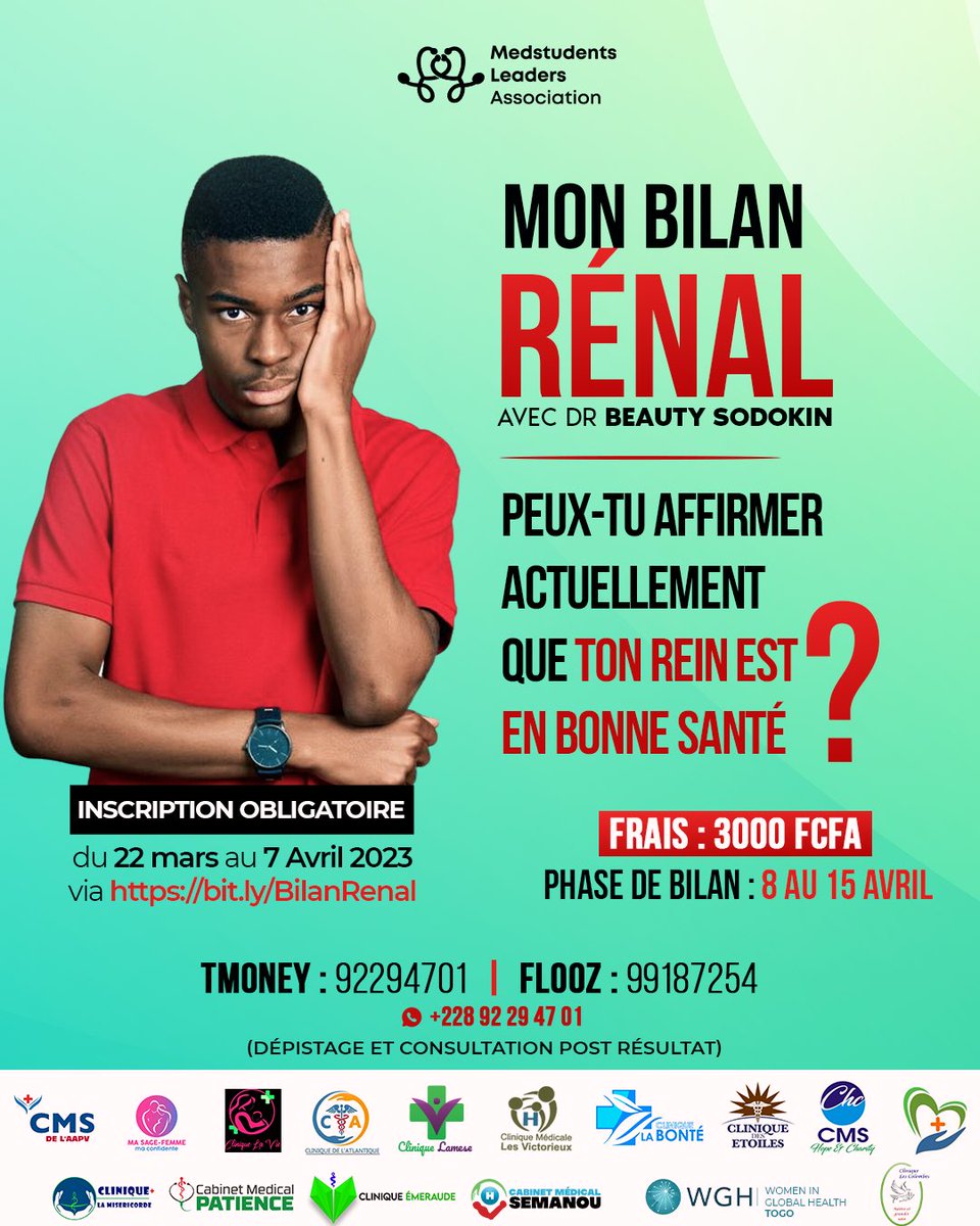 #Tgtwittos de #Lomé et ses environs !
Êtes vous déjà enrôlés?
La santé de vos  reins est inestimable 
Checkez donc vos reins par ici 👉🏻 bit.ly/BilanRenal
Et surtout passez le message pour sauver des vies.

#kidneyhealth 
#BeatNCDs