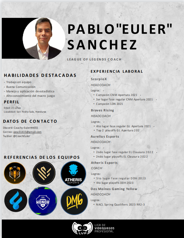 Buenas, tras mi paso con <a href="/AtherisEsportsT/">AlphaAtheris</a>, quiero anunciar que me encuentro Free Agent interesado en ofertas para LRS/LRN/LLA como Head/Strategic/Assistant Coach. 
Contacto al dm, correo: pesc31415@gmail.com o discord: Cauchy-Euler#4655

Se agradece la difusion 😀