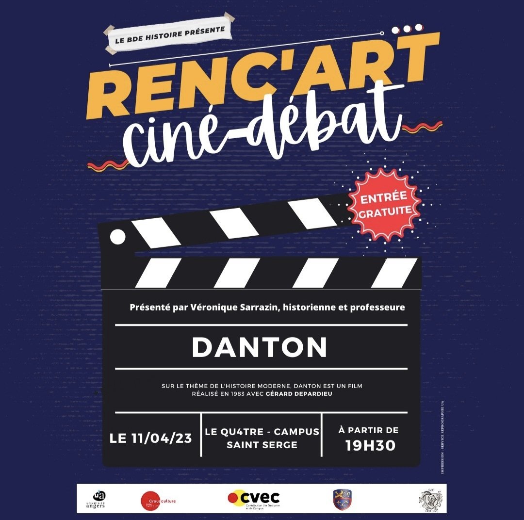 AngersBde's tweet photo. Le 11 avril, nous organiserons notre dernier ciné-débat de l'année au Q4tre à partir de 19H30 autour du film Danton (1983) !!! 
Pour enrichir l'événement, Véronique Sarrazin interviendra en tant que professeure d'histoire moderne à l'université d'Angers (@UnivAngers).
Venez !! 😉 https://t.co/N01H25Fbps