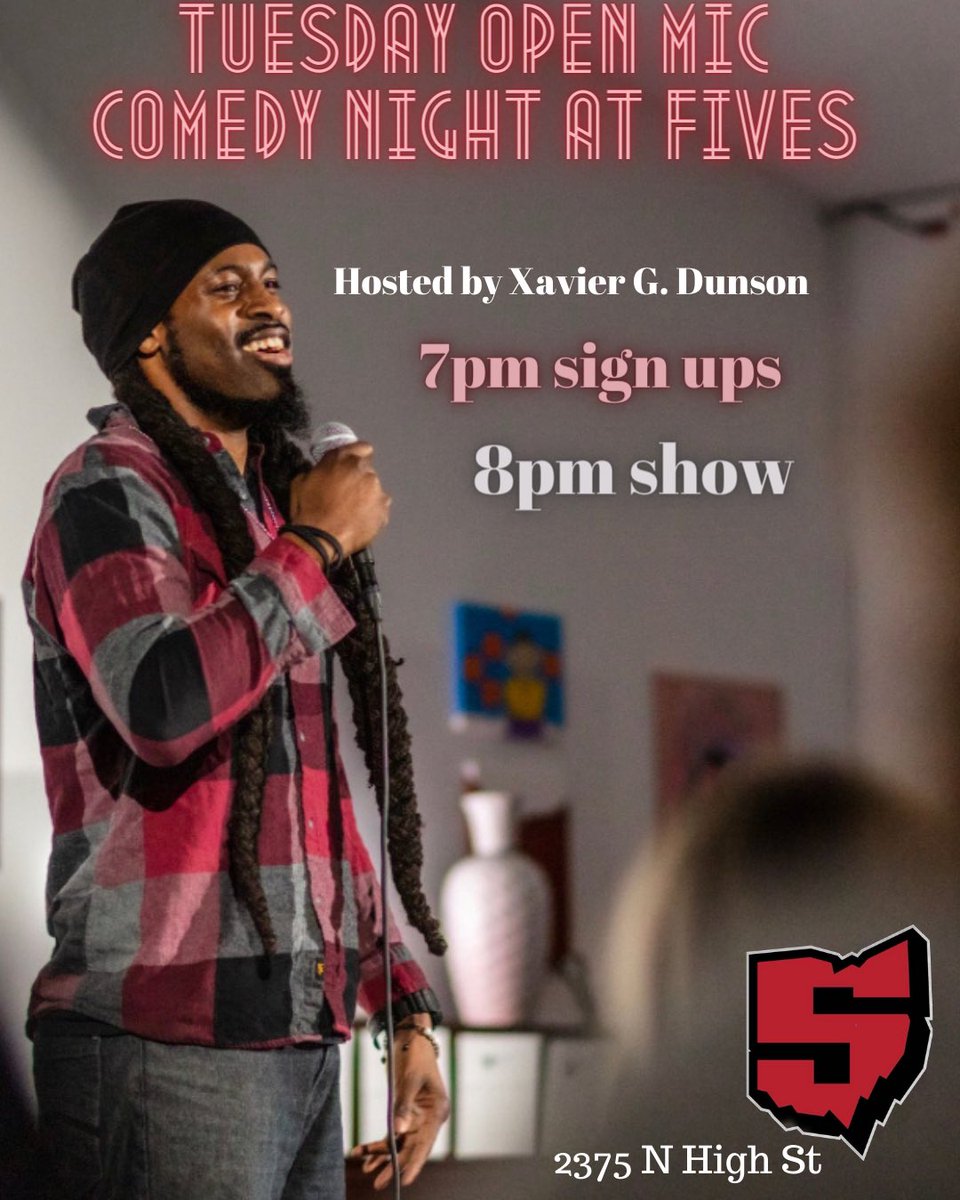 XavierDunson's tweet photo. This Tuesday, we are starting a new weekly mic at @fivesuphigh! 

I’ll be your host 😁

Comics:
7pm sign ups (doors also open at 7pm)
8pm start time

There’s free parking on the street &amp; at the funeral home next door! 

Come explore this new comedy room with me on campus! 😁 https://t.co/zwwtXKrUUu