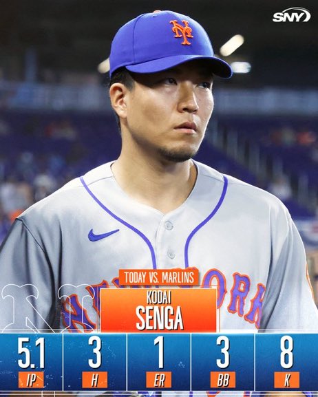 sp_alegria's tweet image. 千賀滉大デビュー戦(対MIA)
5.1回　3安打　3四球　8奪三振　1失点
#MLB #GhostFork #Senga 
#千賀滉大　#千賀