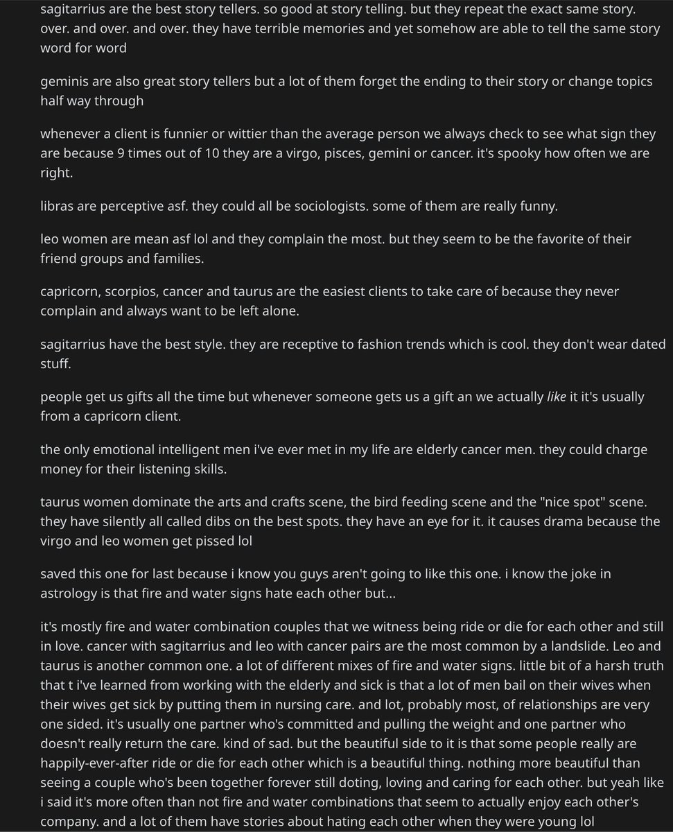 Hospice nurse has some astrological observations on Sun signs.