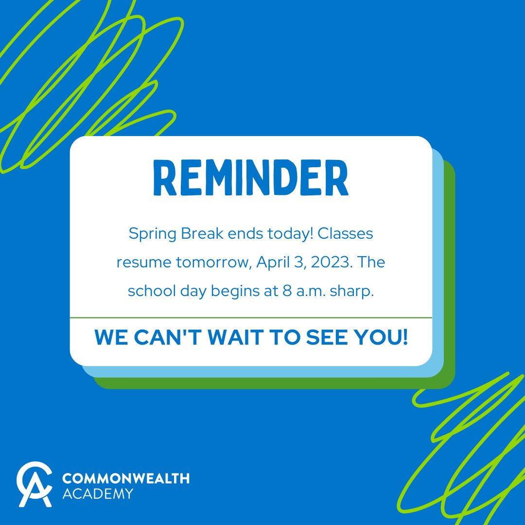 CACougars's tweet image. We&apos;re sad that Spring Break is over, too, but we&apos;re so excited to have our community back together in person tomorrow, April 3. See you bright and early, CA! #LifeChangingLearning #CommonwealthAcademy