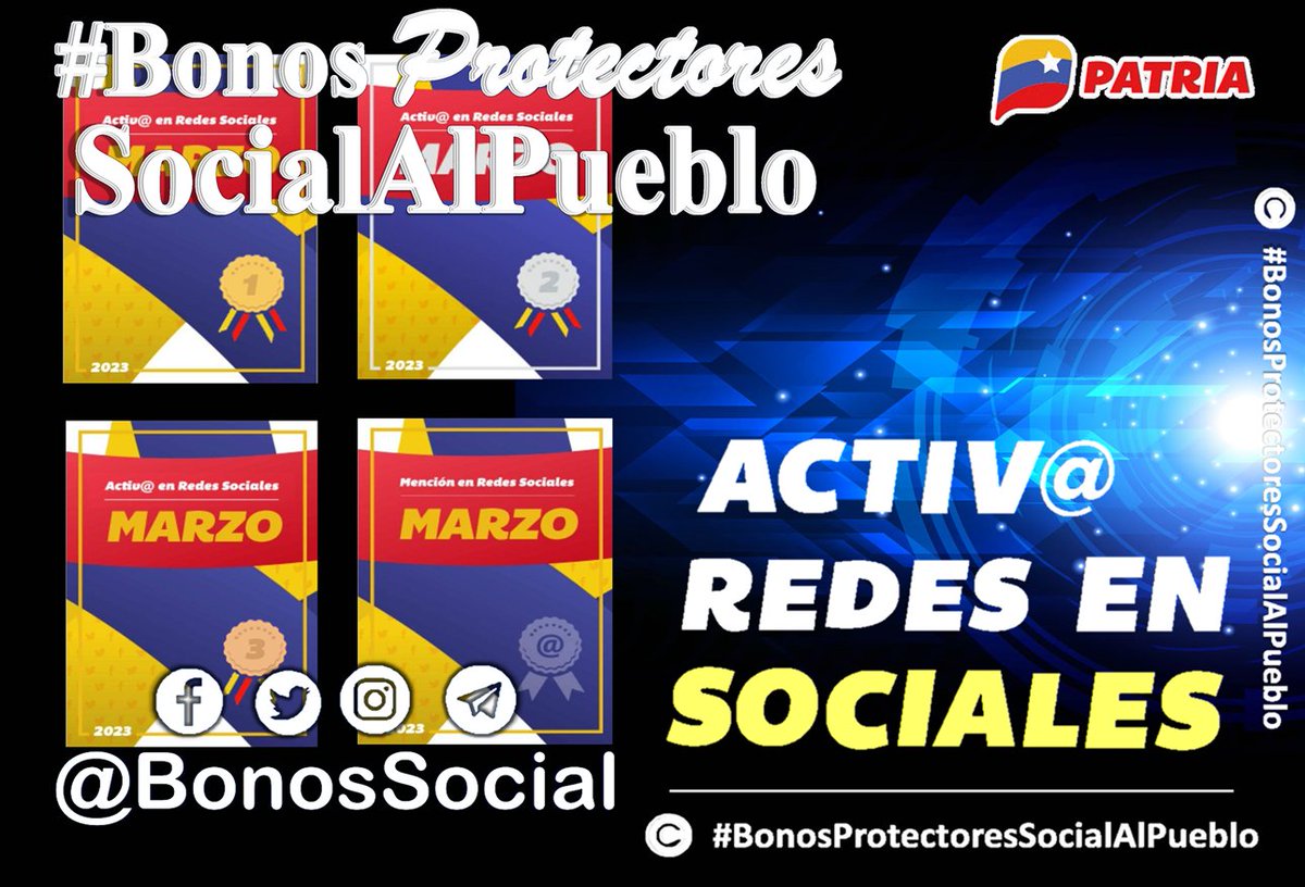 BonosSocial's tweet photo. 📢 #ENTÉRATE: En el día de ayer #1Abr  se inicio la entrega de los logros del mes (marzo 2023) a los #TuiterosActivos a través del Sistema @CarnetDLaPatria aquellos realizaron las actividades en las redes sociales.

@BonosSocial
#BonosProtectoresSocialAlPueblo 
#DomingoDeRamos https://t.co/PpdGDb5Uo4