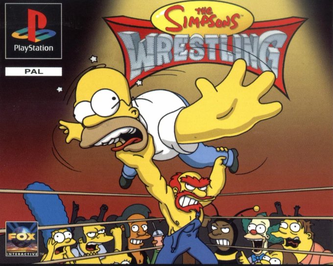 PlayAzackGames's tweet photo. 22 years ago today, The Simpsons Wrestling was released in North America for PS1, giving us a hilarious take on pro wrestling with some of the most outrageous matches in video game history🙃😅. #TheSimpsons #retrogaming #Nostalgia #ps1 #GamersUnite #wrestling #foxinteractive https://t.co/MiqXlhn79H