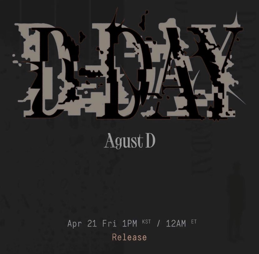 mvc_zl's tweet photo. AGUST D IS COMING 
D-DAY IS COMING 
SUGA FIRST SOLO ALBUM D-DAY 
#AgustD https://t.co/9QkU2PAwKt