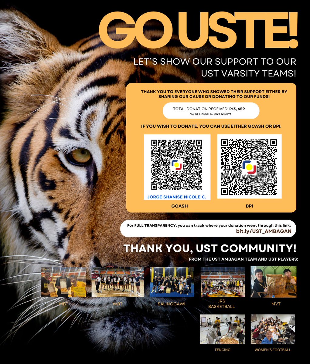 jorgesniccccc's tweet photo. Road to General Champs it is! 🤞🏻

Let’s show our appreciation to our UST athletes. This simple treat will be a big boost in their upcoming games 🖤

Your retweets &amp; share (no matter how small) is greatly appreciated 🐯

For more info: https://t.co/k1mJOq8pky 

#GoUSTe #OneForUST https://t.co/Ka590L7gfW