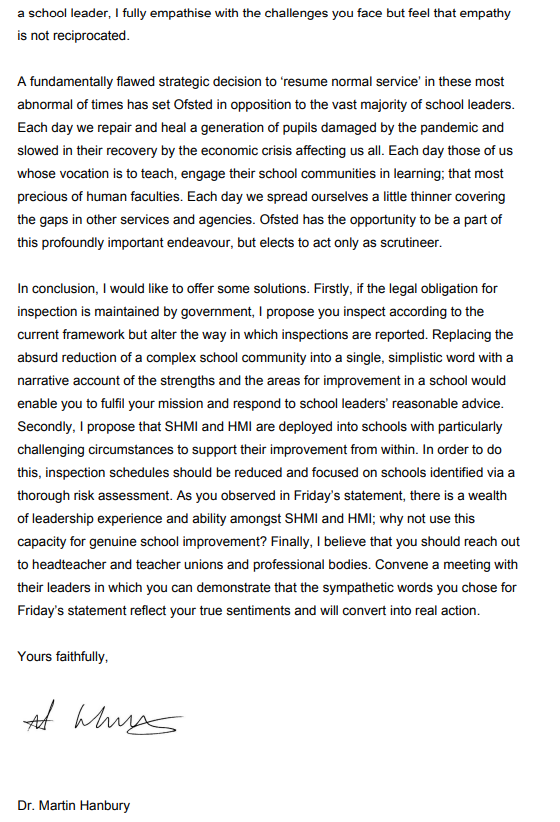 Resignation letter (shared with permission) from Dr Martin Hanbury, CEO of a Trust - standing down as an OFSTED inspector this week.