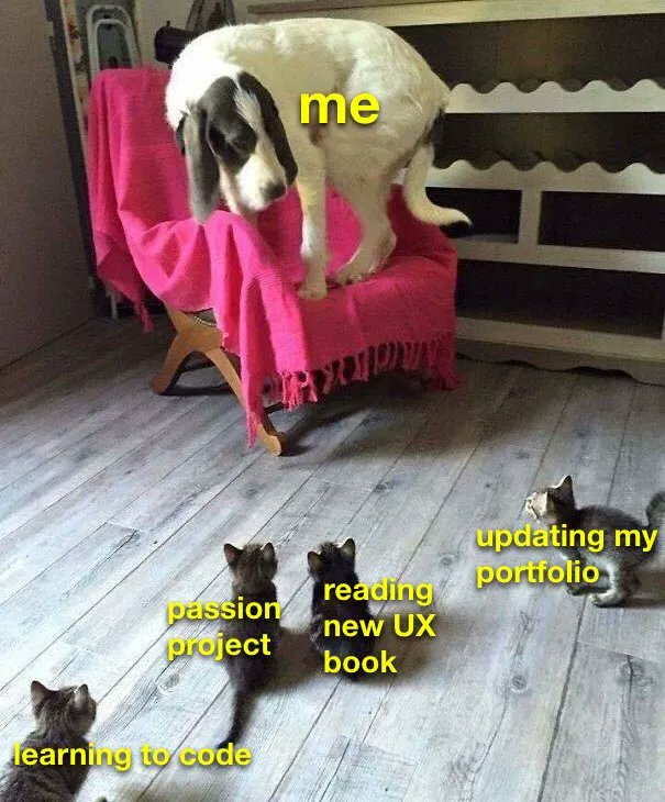 AdhamDannaway's tweet photo. Sunday feels  🐶 | 🐱🐱🐱🐱 

Via @uxdesignmemes 
#design #ux #uiux https://t.co/HXx7kOfgL5