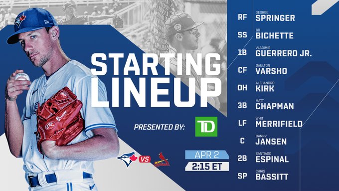 Blue Jays lineup against the Cardinals on April 2:

RF Springer
SS Bichette
1B Guerrrero Jr. 
CF Varsho
DH Kirk
3B Chapman
LF Merrifield
C Jansen
2B Espinal
SP Bassitt

First pitch: 2:15pm ET.