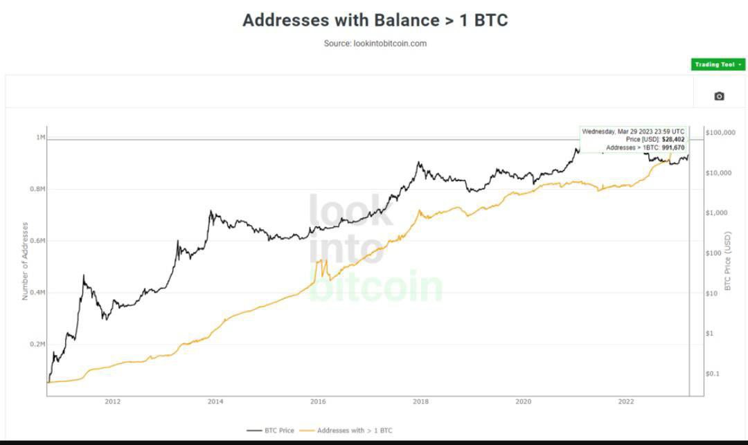 Más de 991k carteras tienen al menos 1 btc según los datos.