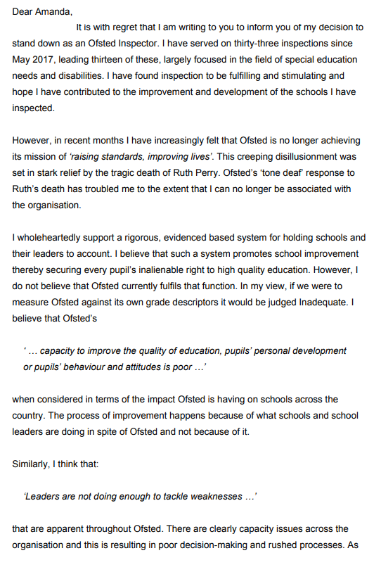 RogersHistory's tweet photo. Resignation letter (shared with permission) from Dr Martin Hanbury, CEO of a Trust - standing down as an OFSTED inspector this week. https://t.co/KDPCL6J45v