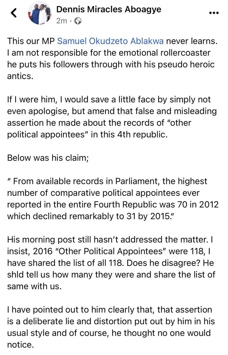 DennisMiracles's tweet photo. Our MP  @S_OkudzetoAblak never learns. Address the specific issue, there were 118 “Other Political Appointees” at the Presidency in 2016. Which contradicts ur false claim about the highest being 76 in the 4th republic. Do you disagree? Cool… show us ur 2016 list as I have done. https://t.co/mB6S6Pqpd3