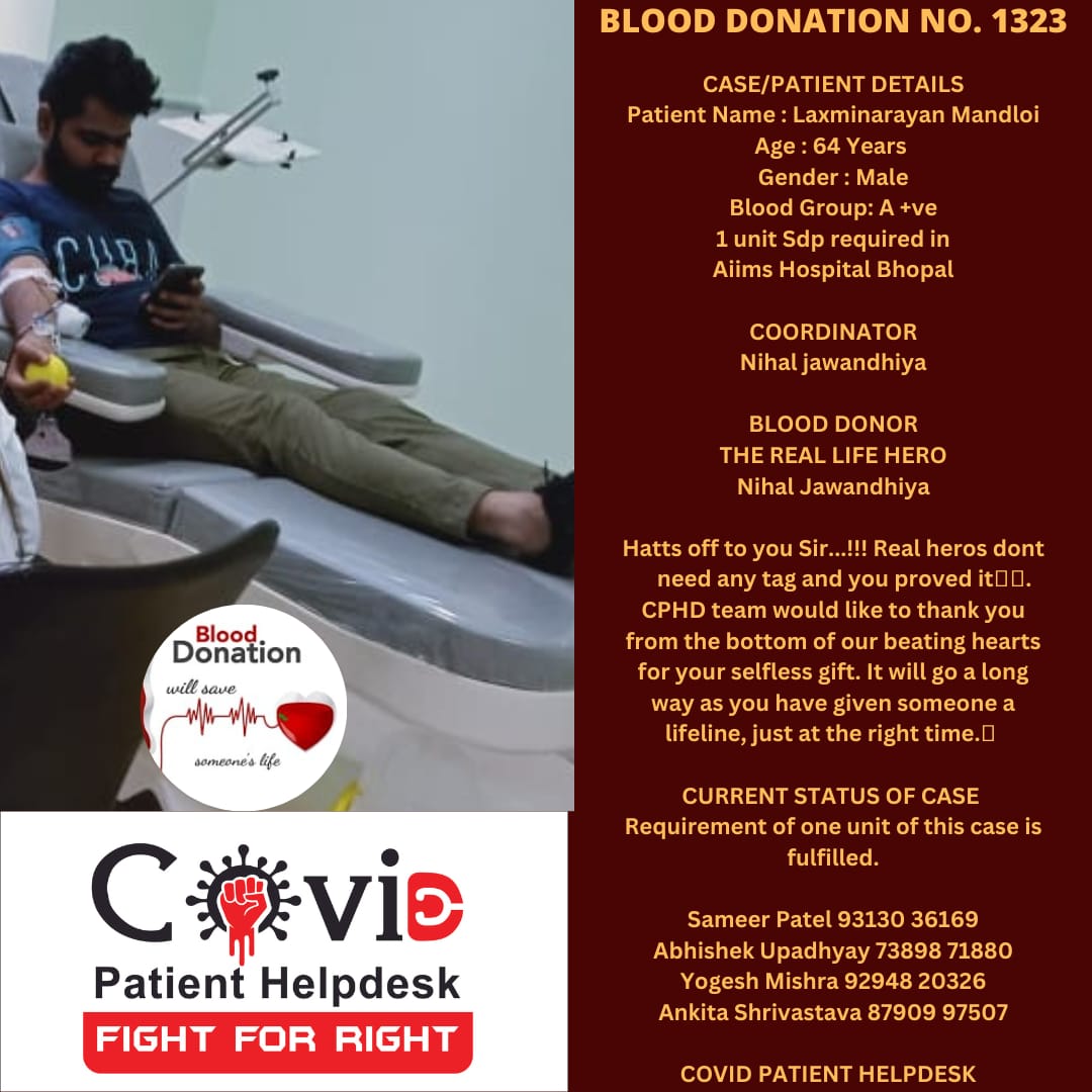 covidpatienthd's tweet photo. BLOOD DONATION NO. 1323

#Blood #donateblood #BloodDonation #saveslife #lifematter #lifesaver #BHOPALNGO
#BHOPALHELPINGHAND #CPHDFOUNDATION❤️❤️ https://t.co/zG7LhAYgTu