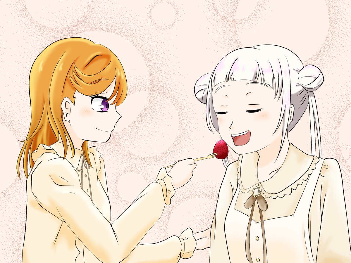 shibuya kanon multiple girls 2girls feeding food hair bun orange hair white hair  illustration images