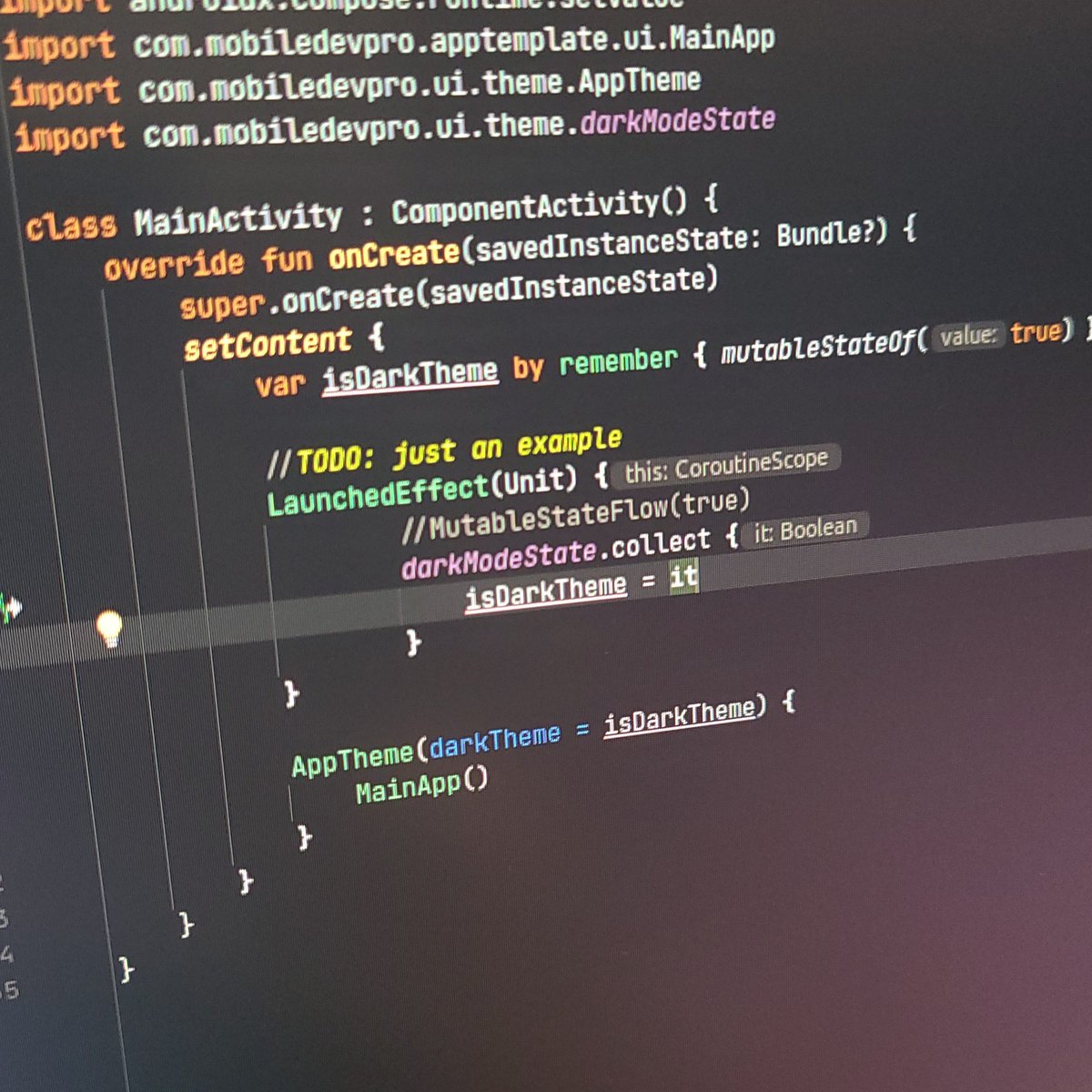 mobiledev_pro's tweet photo. From XML to Compose #2
🌘-☀️ Theme switching.
🔹️XML: Have to recreate activity every time.
🔹️Compose: Just change the theme state and observe it in your own app theme to switch a ColorScheme
#JetpackCompose #AndroidDev #xml2compose https://t.co/kTVDFGANhV