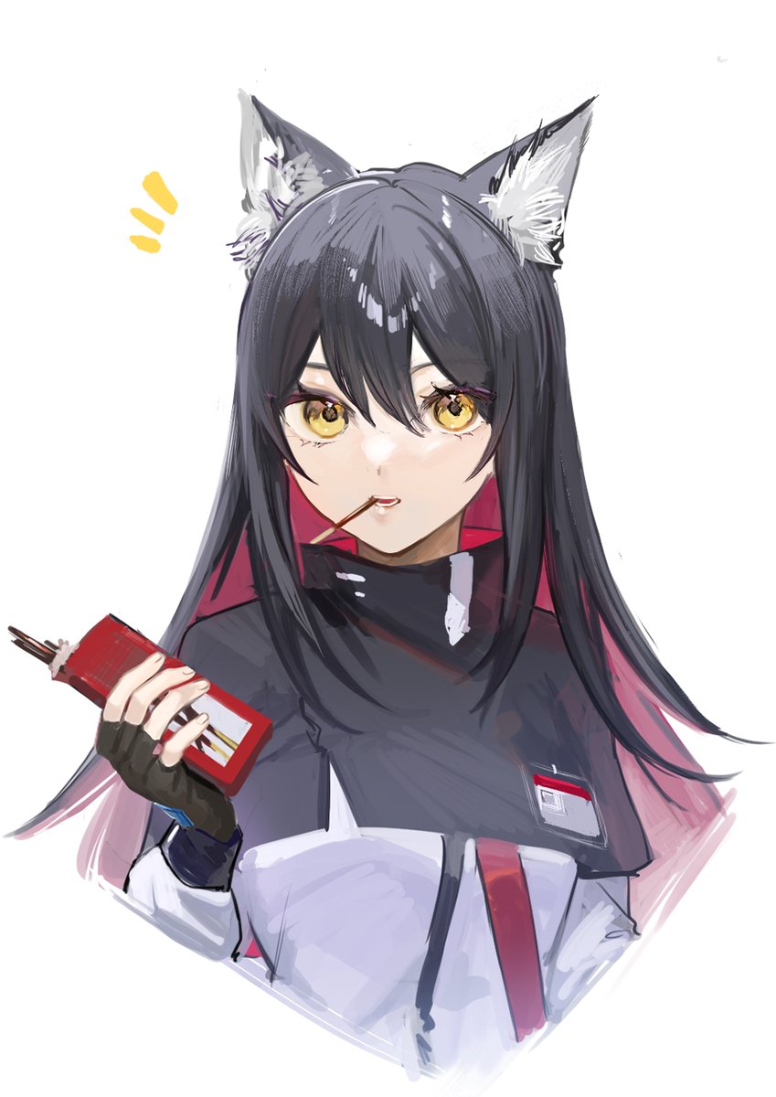 texas (arknights) 1girl animal ears solo pocky food black hair gloves  illustration images