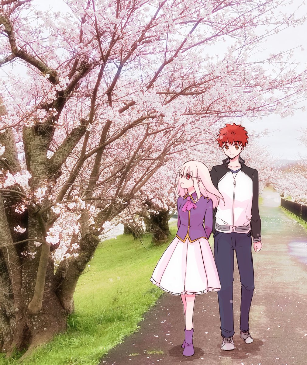 emiya shirou ,illyasviel von einzbern 1girl 1boy purple footwear skirt pants cherry blossoms white hair  illustration images