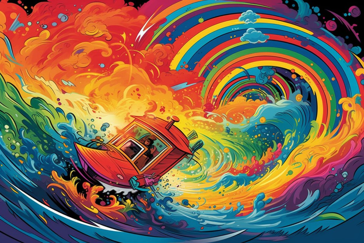 ji_mozo's tweet photo. @icreatelife cartoon book Illustration a thrilling race through a rainbow cosmos using solar sails as the primary mode of transportation. Use bright, dynamic colors and strong contrasts to depict the excitement and energy of the rainbow. --ar 3:2 https://t.co/zGoQlD0eCU
